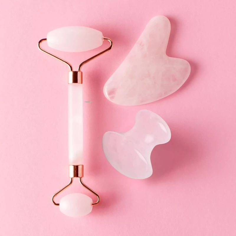 Rózsakvarc arcroller + gua sha + masszírozó szett